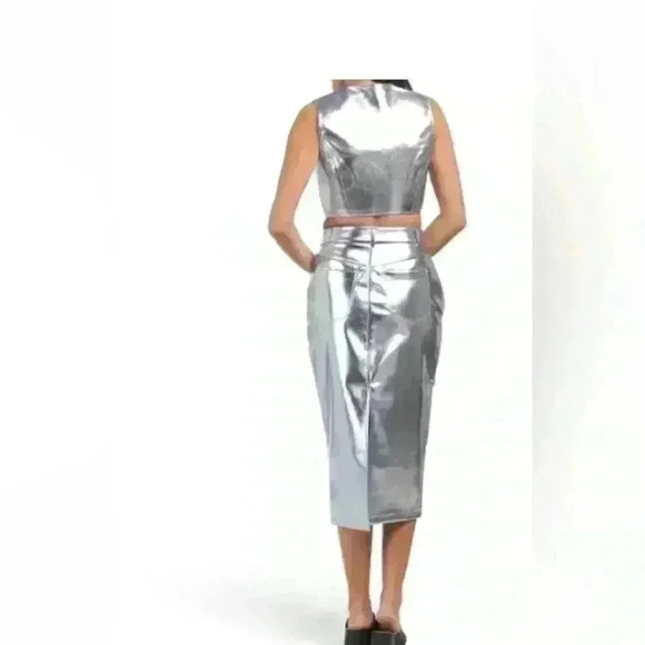 NWT HOUSE OF HARLOW 1960 METALLIC FAUX LEATHER MIDI SKIRT - Picture 2 of 7